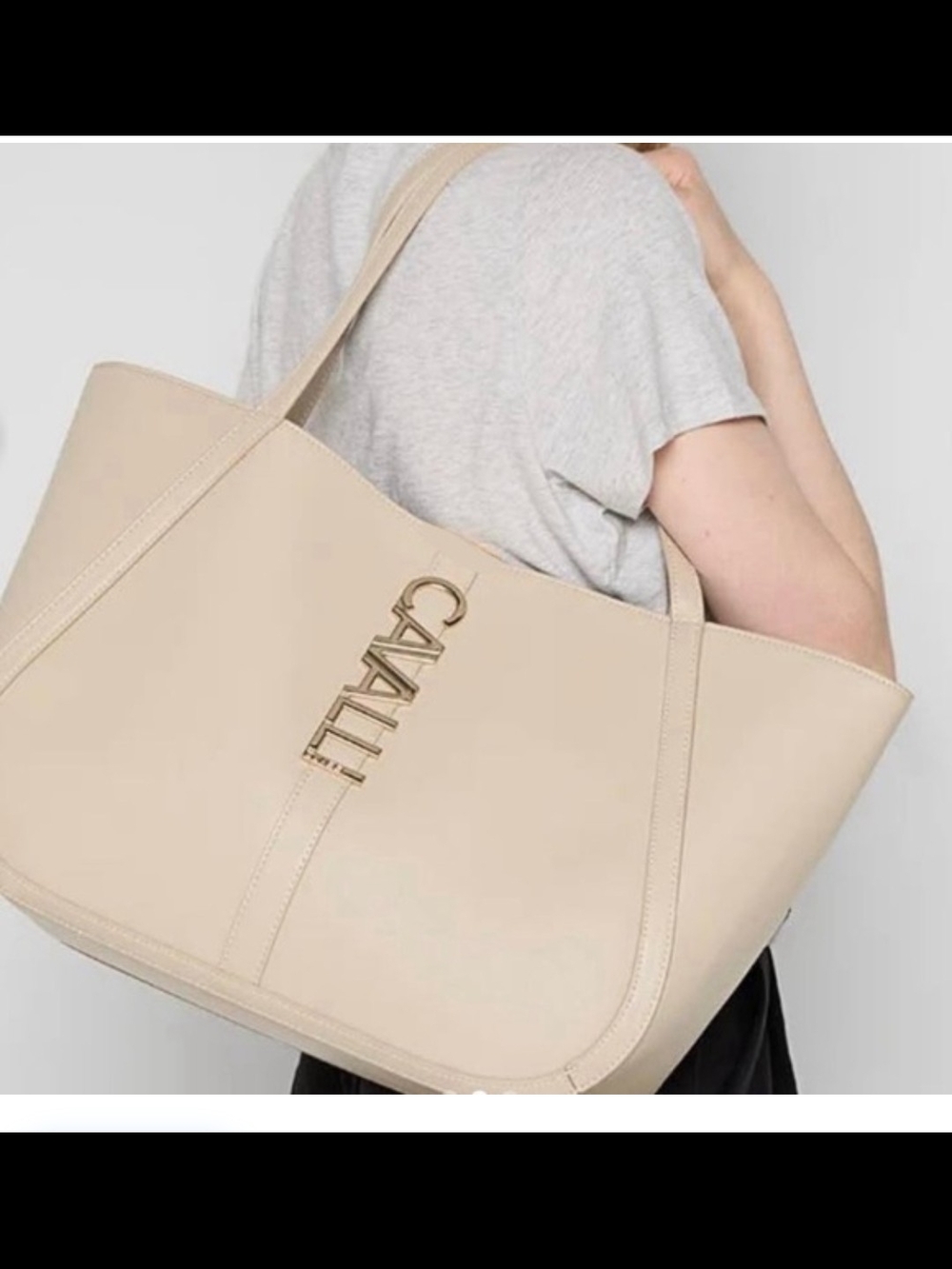 Cavalli Class Cream Leather Tote with Gold Logo